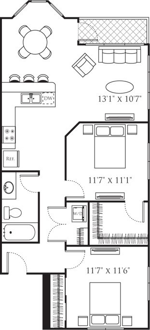 Floor plan for 2 beds, 2 baths, 931 sqft